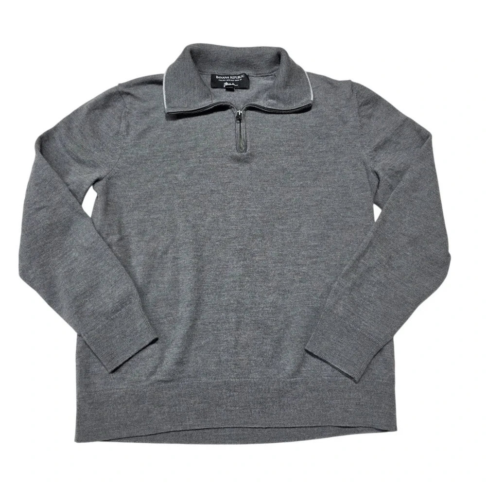 Banana Republic Mens Italian Merino Wool Quarter Zip Sweater Medium Grey Heather